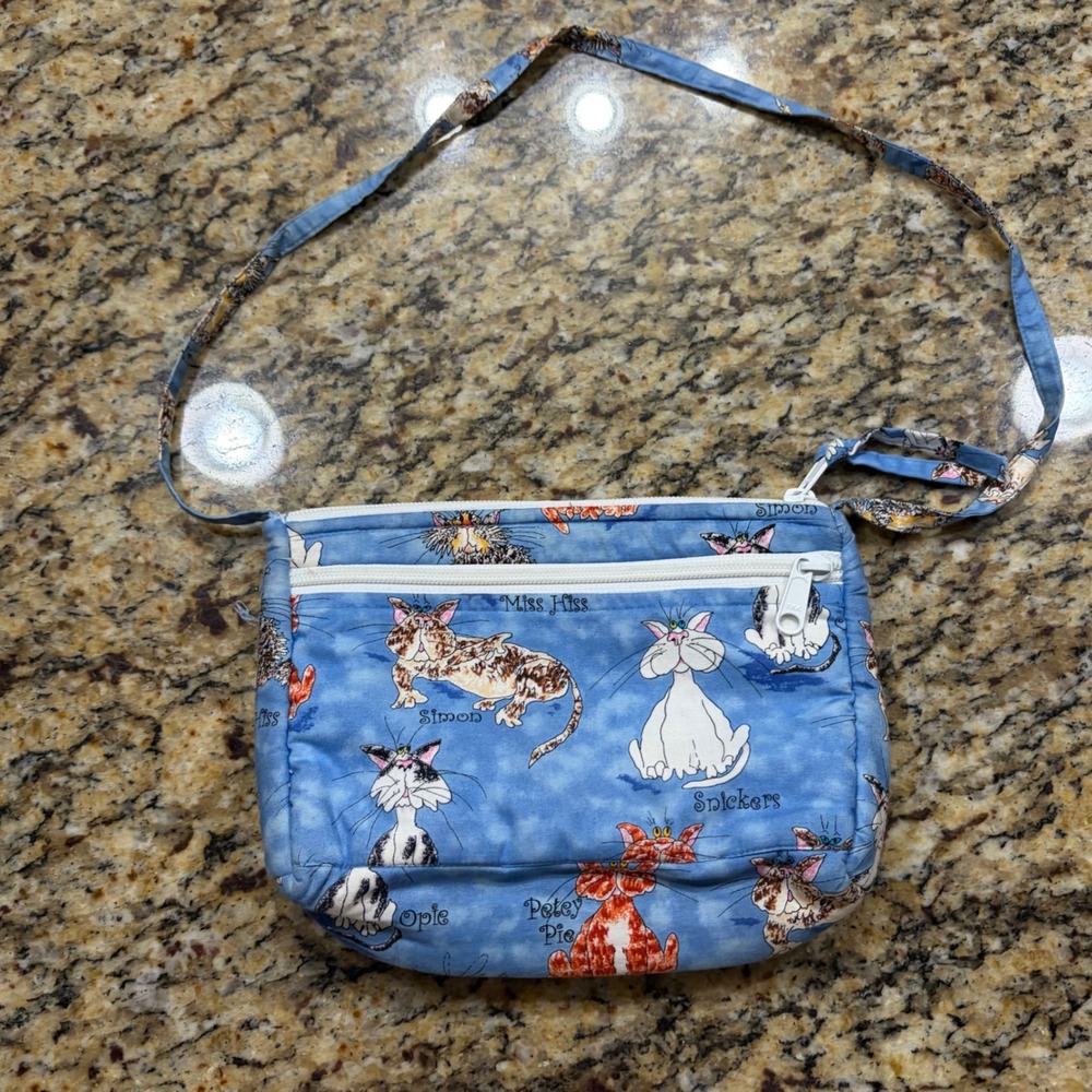 Val In Stitches Handmade Cat Print  Bag Blue Whimsical Cartoon Kittens